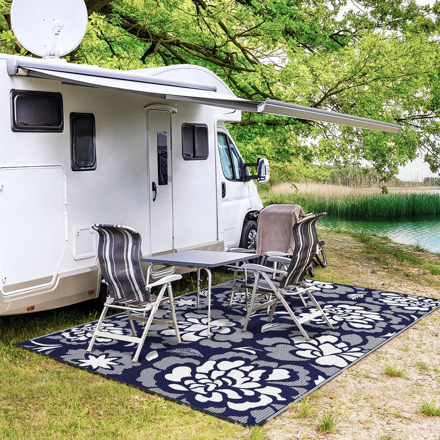 GENIMO Outdoor Rug 5' x 8' Waterproof for Patios Clearance, Reversible Outdoor Plastic Straw Camping Rug Carpet, Large Area Rugs Mats for RV, Camper, Deck, Balcony, Porch, Beach, Navy Blue&White