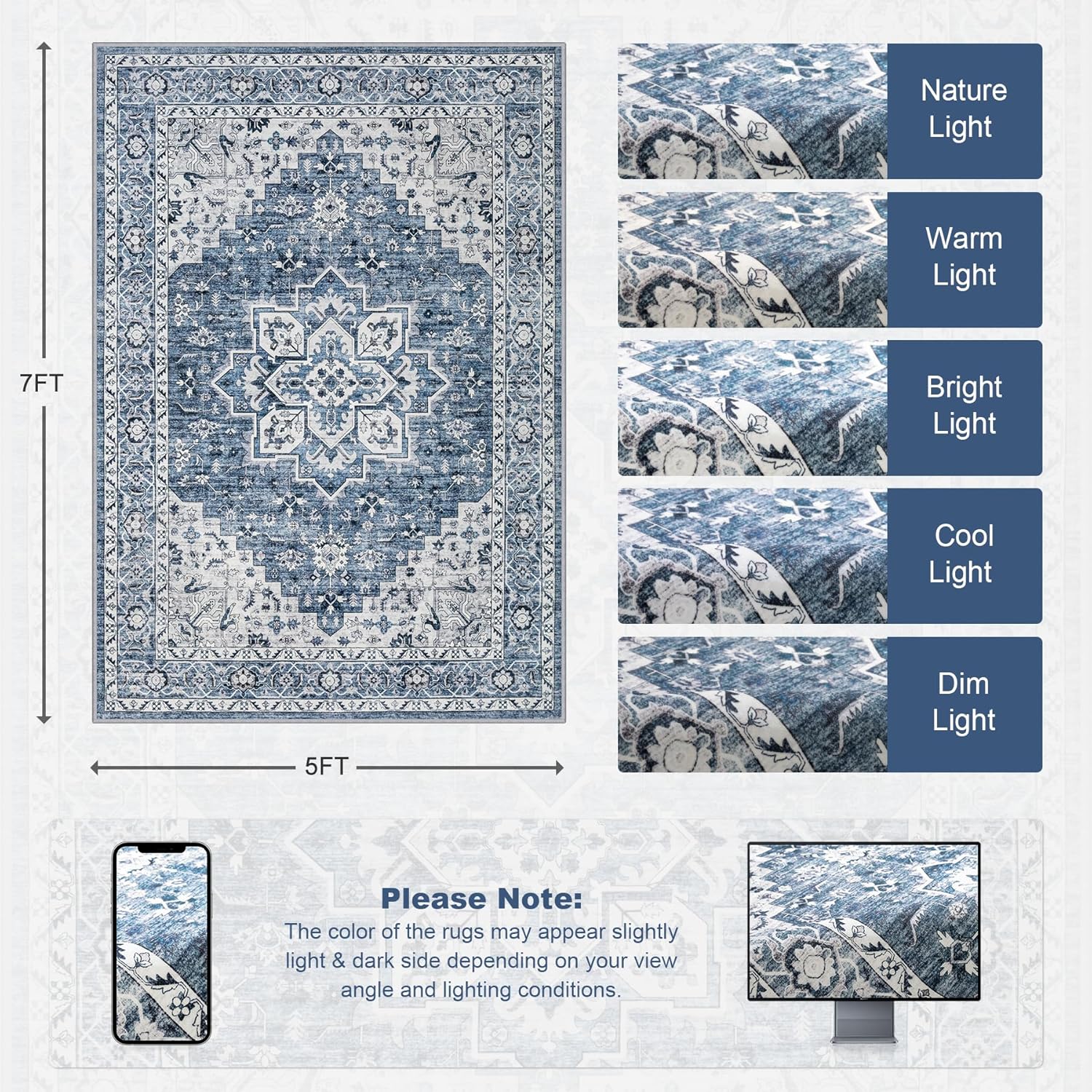 5x7 Area Rugs Living Room: Washable Vintage Rug for Bedroom Blue