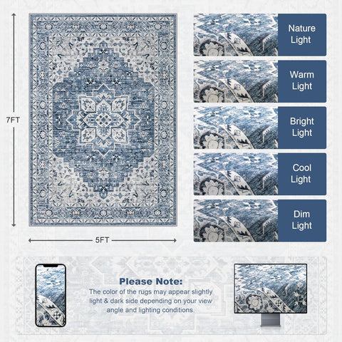 5x7 Area Rugs Living Room: Washable Vintage Rug for Bedroom Blue