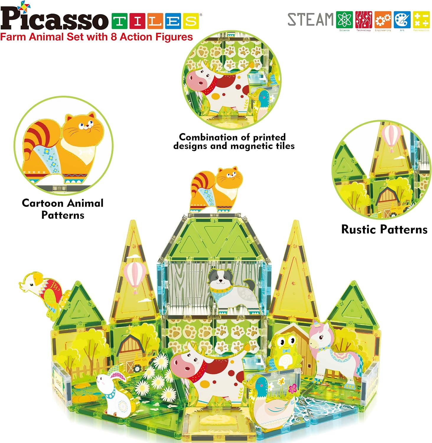 PicassoTiles Magnetic Tile Farm Animal Building Playset with 8 Character Figures STEM Construction Toy for Kids Age 3 Plus Educational Pretend Play Learning Blocks Farmyard Creative Activity Kit PTQ17