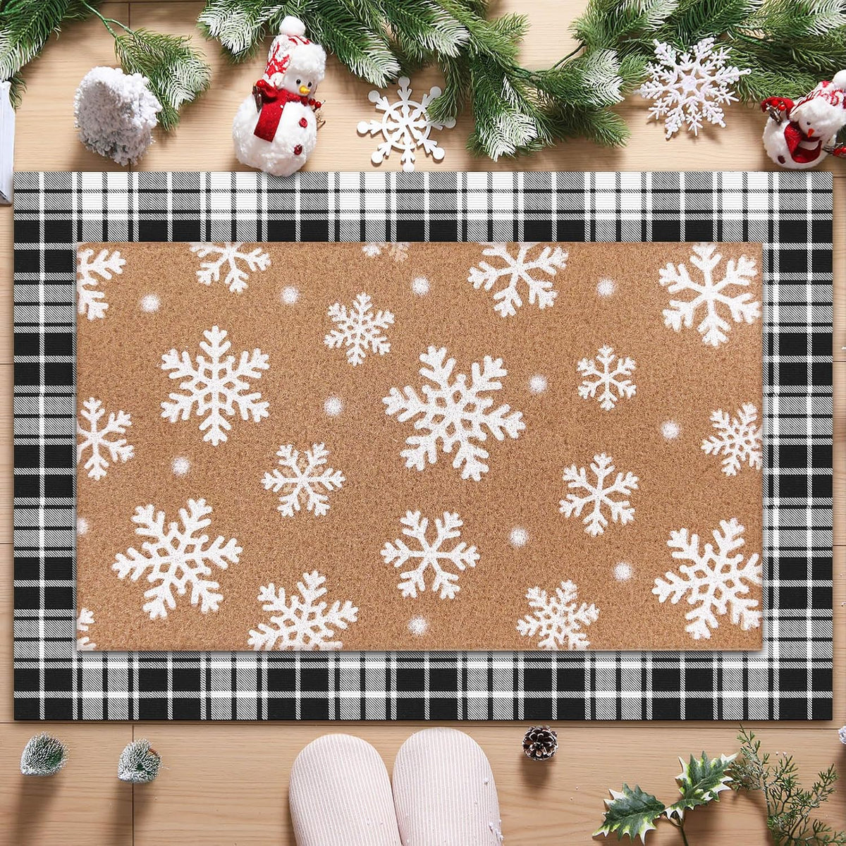 Drydiet Snowflake Plaid Outdoor Front Door Mat Non Slip Porch Entryway