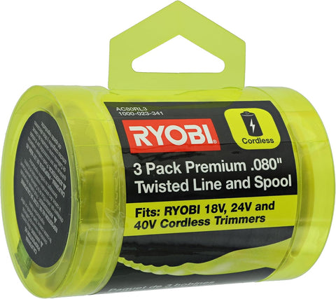 Ryobi One PLUS+ AC80RL3 OEM .080 Inch Twisted Line and Spool Replacement for Ryobi 18v, 24v, and 40v Cordless Trimmers (3 Pack)