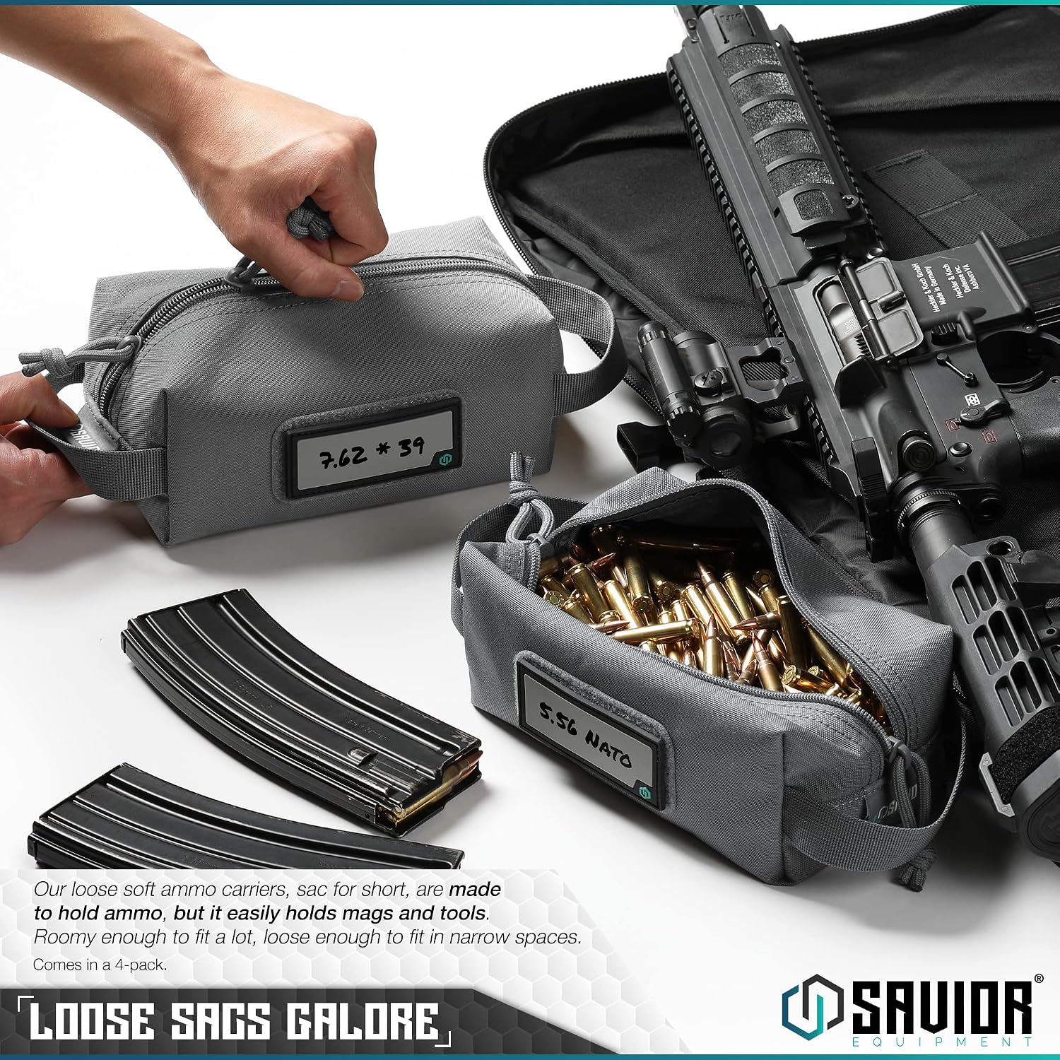 Savior Equipment Loose Sacs 4-Pack Tactical Ammo Pouch Firearm Ammunition Carrier Bag, ID Patches Included, Rifle Carbine Pistol Revolver Ammos Case Shooting Range Gear