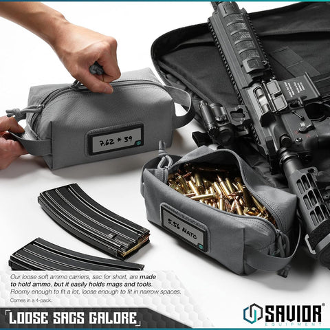 Savior Equipment Loose Sacs 4-Pack Tactical Ammo Pouch Firearm Ammunition Carrier Bag, ID Patches Included, Rifle Carbine Pistol Revolver Ammos Case Shooting Range Gear