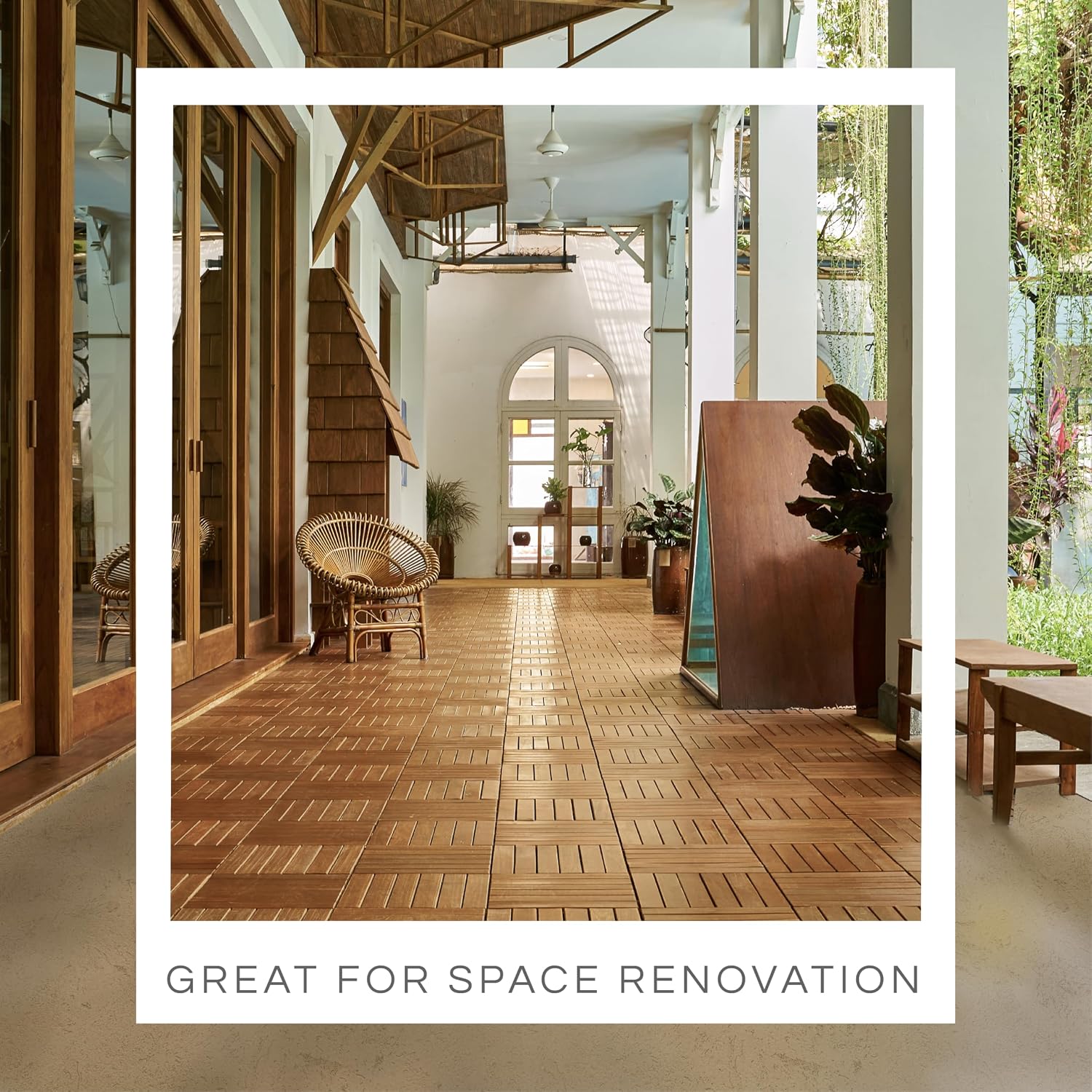 Premium Group Deck Tiles, Patio Flooring - Outdoor Waterproof Acacia Wood Tiles for All Weather Use - Balcony, Backyard, Indoor & Outdoor (Golden Teak, Set 30 Striped Pattern)