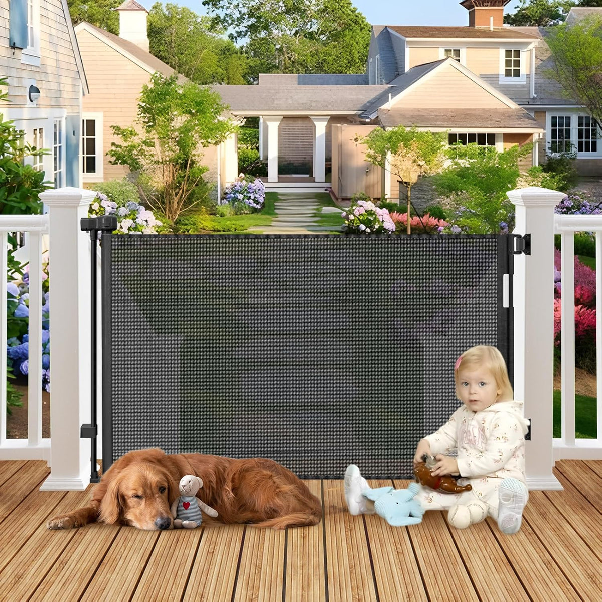 Weatherproof Outdoor Retractable Gate for Dogs, 55" Wide Outdoor Baby Gate