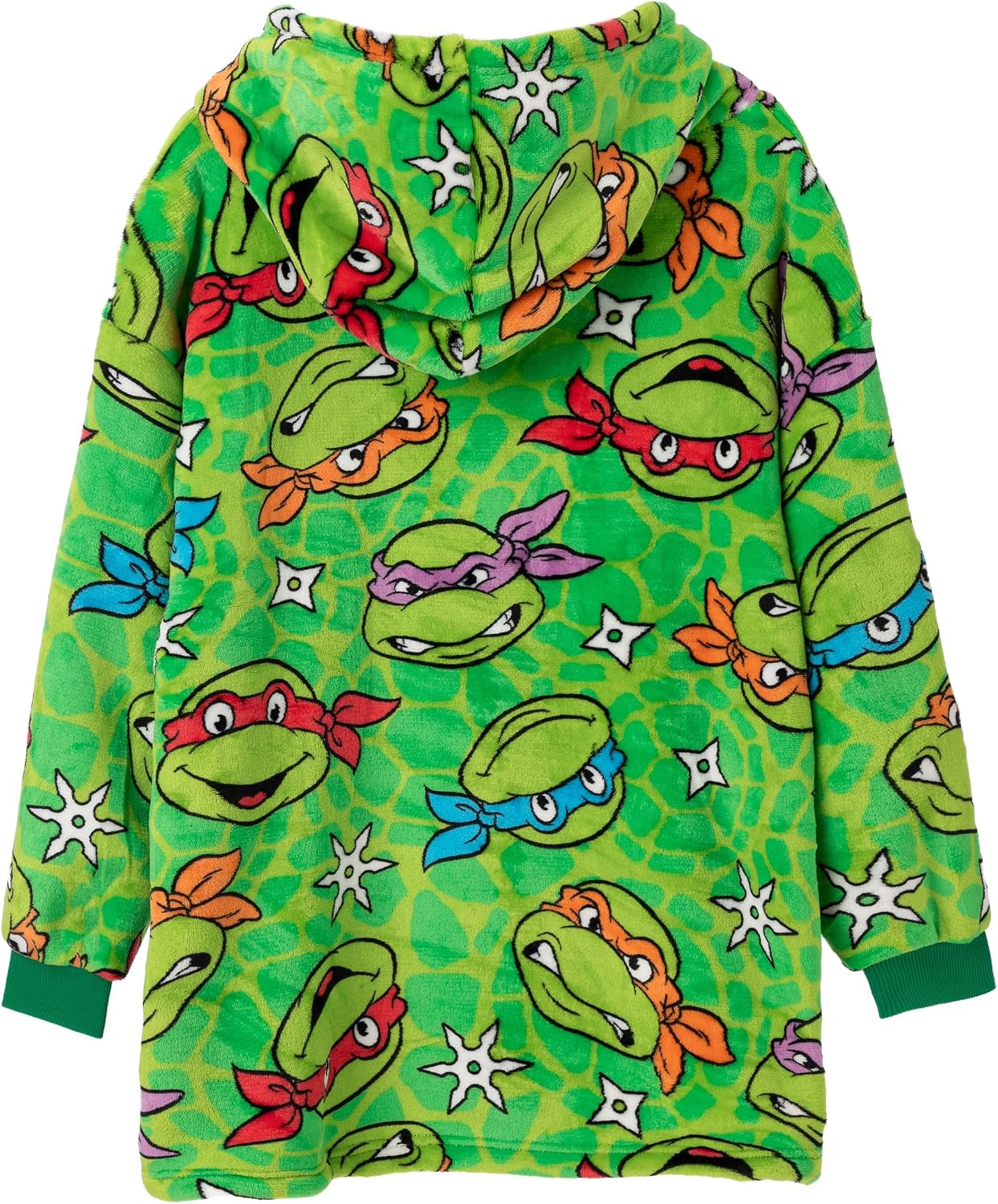 Teenage Mutant Ninja Turtles Boys Wearable Hooded Blanket | Green All Over Print Fleece Hoodie | Pullover Cartoon Loungewear
