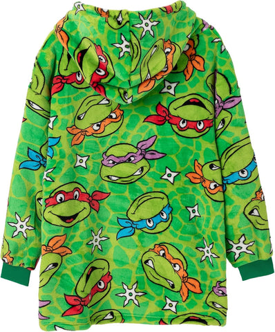Teenage Mutant Ninja Turtles Boys Wearable Hooded Blanket | Green All Over Print Fleece Hoodie | Pullover Cartoon Loungewear