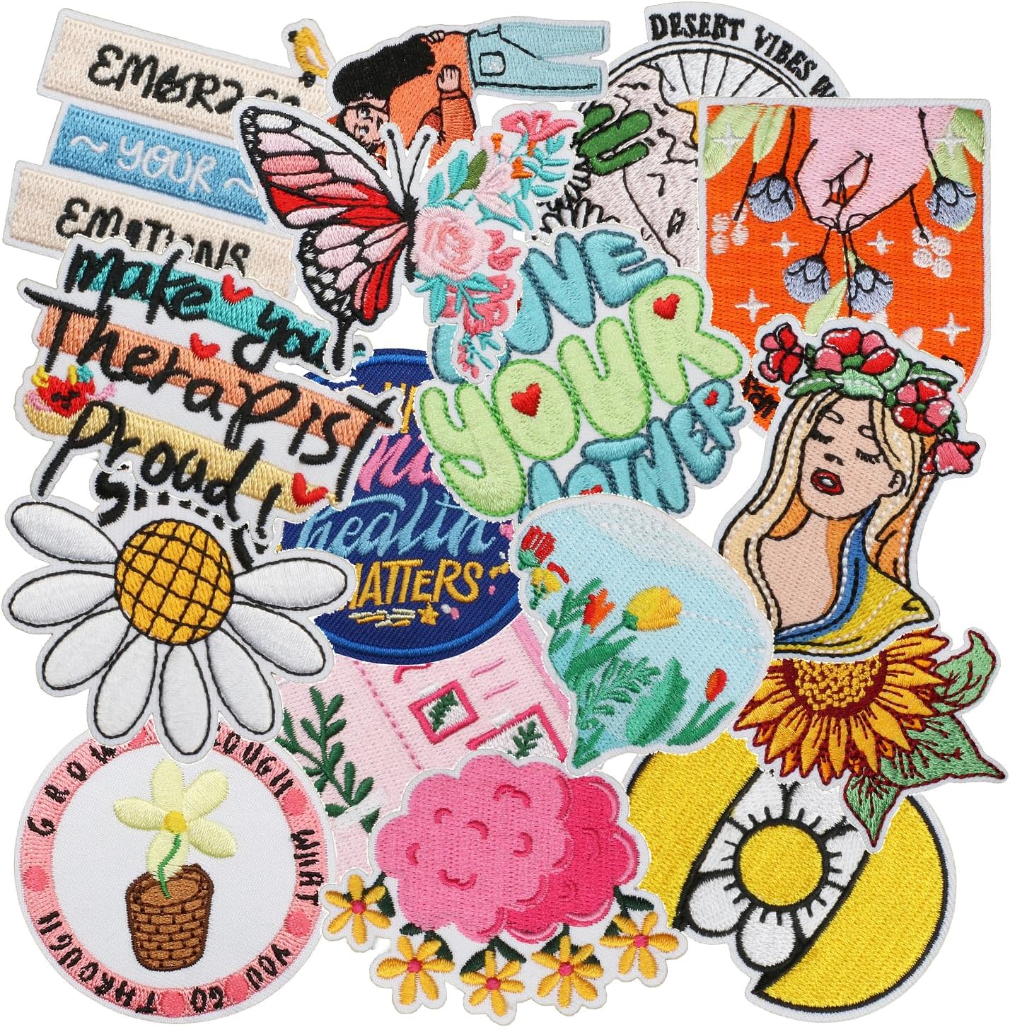 16pcs Positive Flower Iron/Sew on Patches, Affirmation Motivational Embroidered Applique, Mental Health Decoration for Clothes, Hat, Bag, Dress, Shirt, Jeans