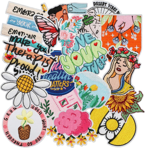 16pcs Positive Flower Iron/Sew on Patches, Affirmation Motivational Embroidered Applique, Mental Health Decoration for Clothes, Hat, Bag, Dress, Shirt, Jeans