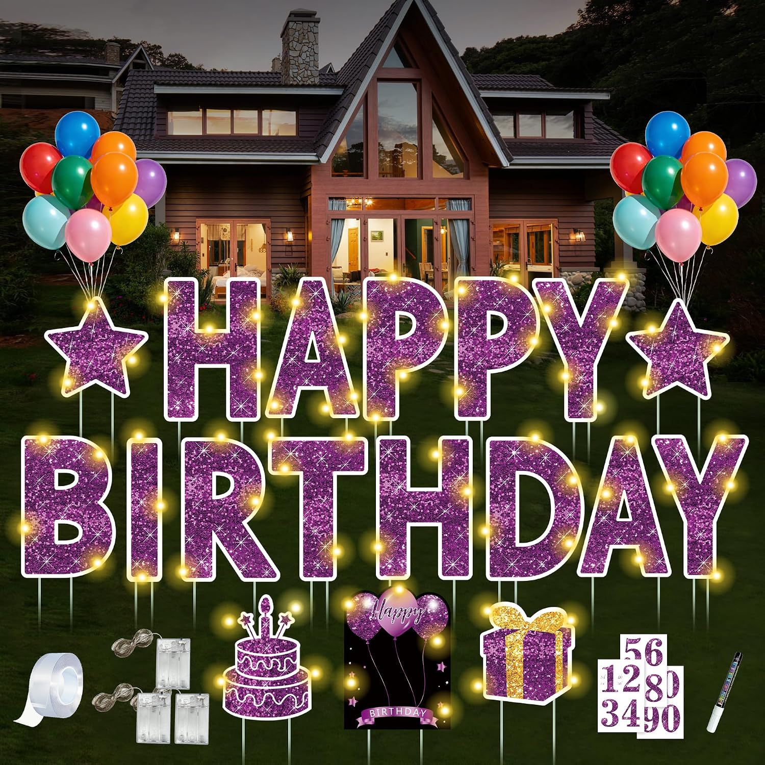 18 Pcs Happy Birthday Yard Sign with Stakes, Purple Happy Birthday Yard Sign with 49.2 Ft LED Light, 16 In Large Personalized Happy Birthday Sign, Waterproof Lawn Garden Birthday Party Decorations