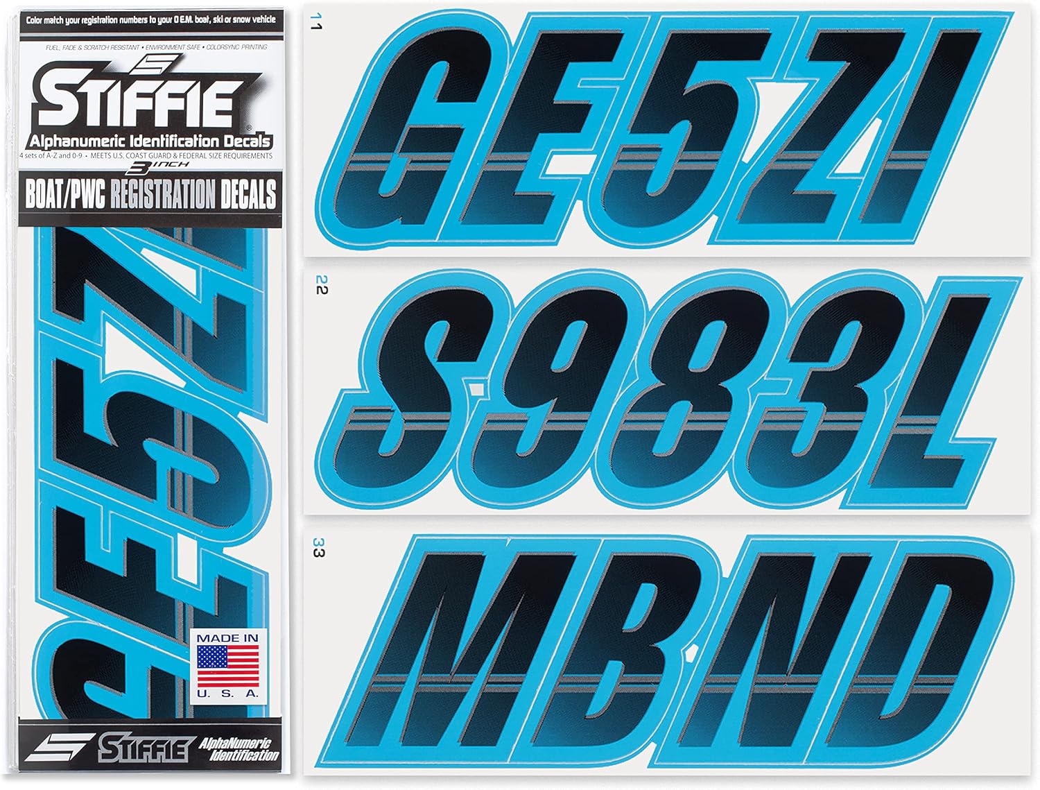STIFFIE Techtron Black/Sky Blue 3" Boat & PWC Registration Decals • Numbers Letters Stickers