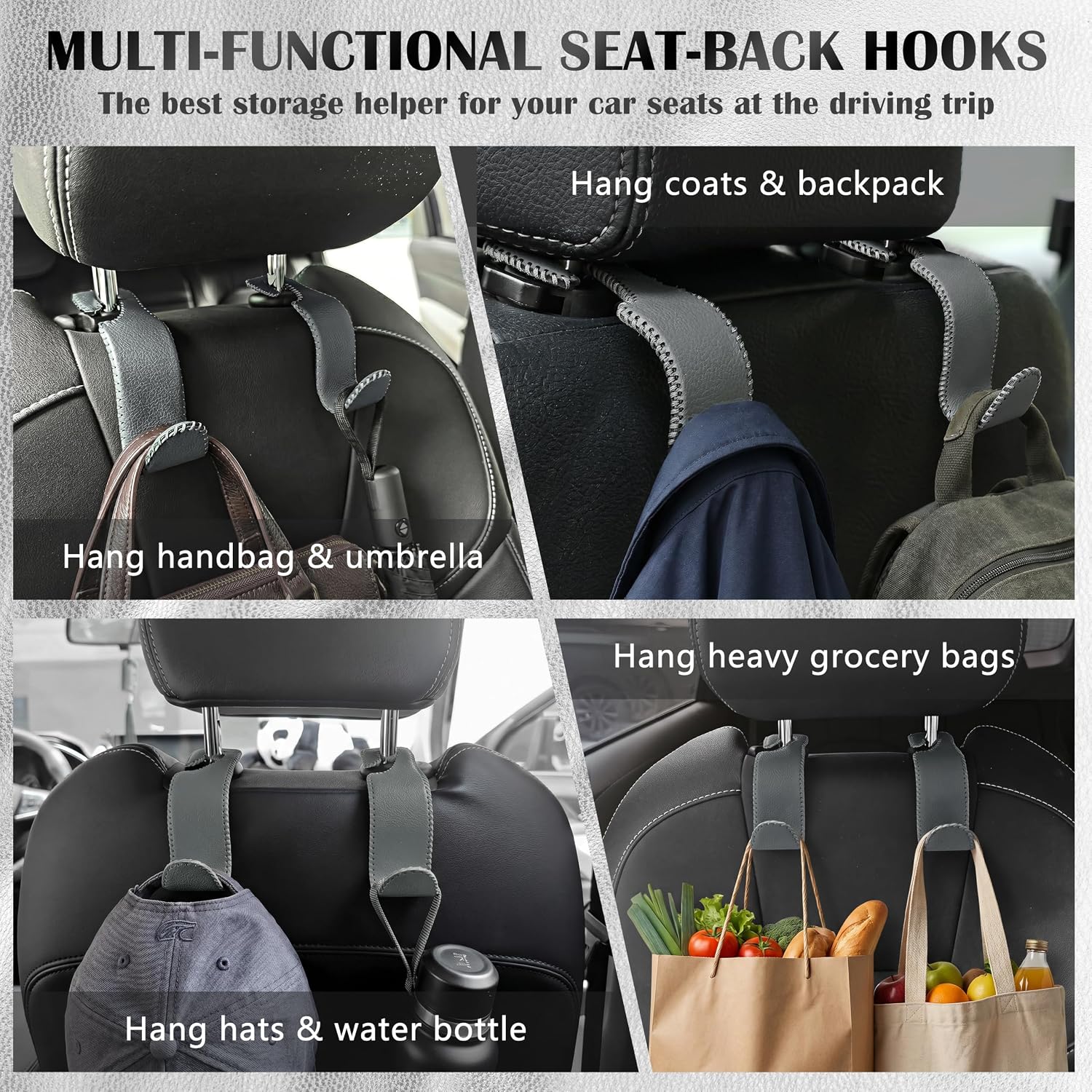 Car Seat Headrest Hook 55lb Heavy Duty Metal Hanger with Leather for Bags