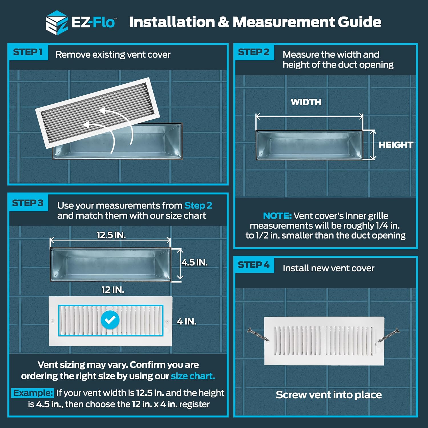 EZ-FLO 12 x 4 Inch (Duct Opening) Air Vent Cover for Wall or Ceiling, Two-Way Ventilation Register, Solid Steel HVAC Register Cover, White, 61611
