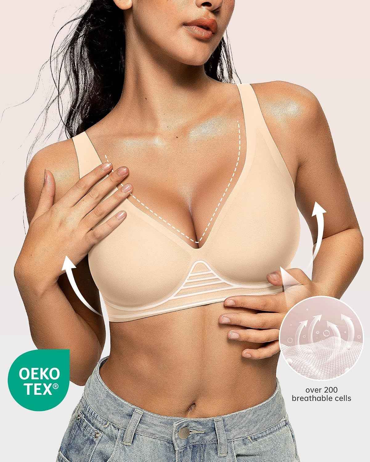 OEAK Womens Jelly Bras Wireless Deep V Comfy Push Up Tshirt Bras 3XL+ Beige