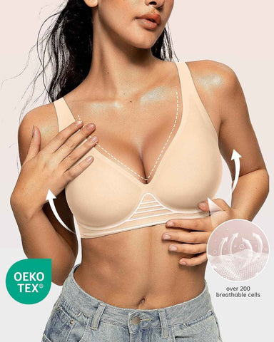 OEAK Womens Jelly Bras Wireless Deep V Comfy Push Up Tshirt Bras 3XL+ Beige