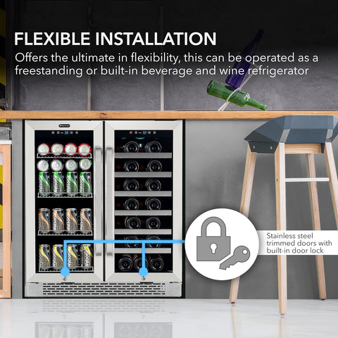 Whynter BWB-3388FDSa Built-in French Door 33 Bottle Wine Refrigerator 88 Can Beverage Center, 30" Wide Dual Zone Add' Packaging, Silver