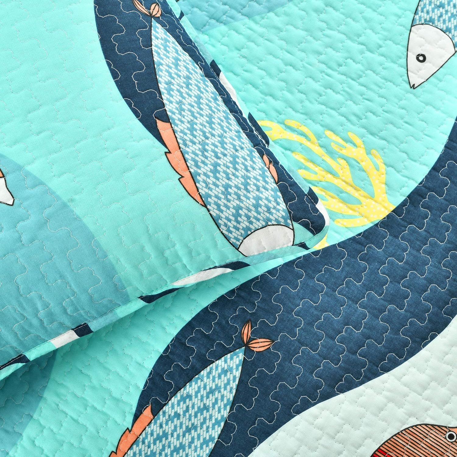 Lush Decor Sea Life Reversible Cotton Quilt Twin Size 3 Piece Set Blue - Kids Bedding Set Twin Quilt Blue - Coastal Bedroom Decor - Beach House