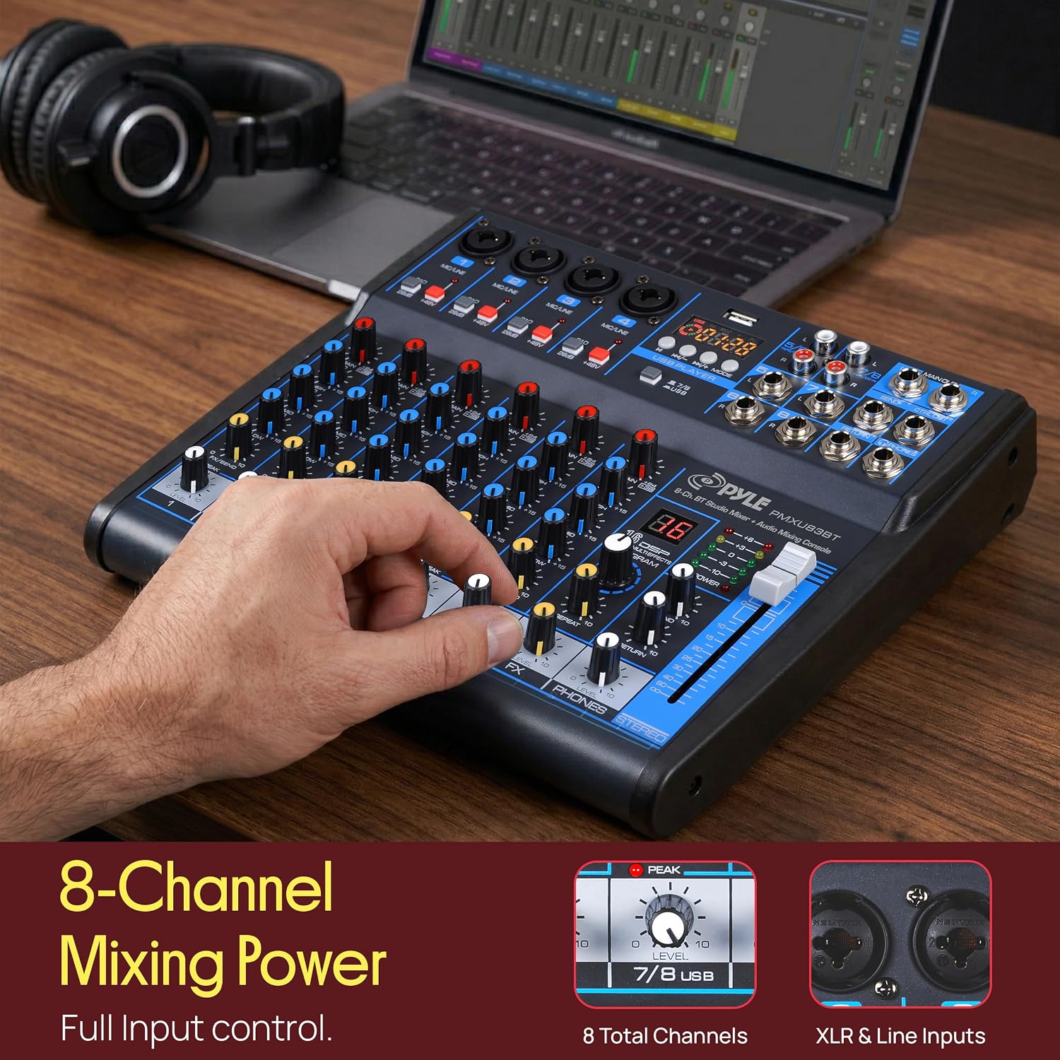 Pyle 8 Channel DJ Audio Mixer, Bluetooth, DSP FX, USB, Audio Interface