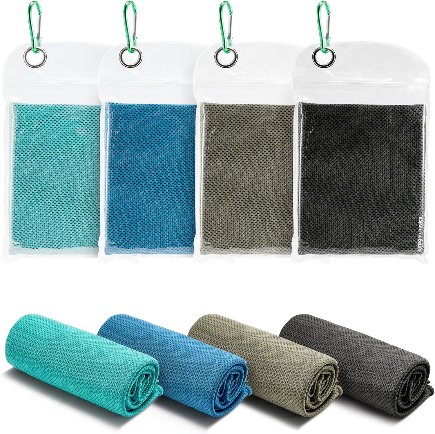 Amazon Basics Cooling Towels for Neck and Face, Sports, Workout Recovery, 40" x 12", Black/Gray/Aqua/Navy, 4-Pack