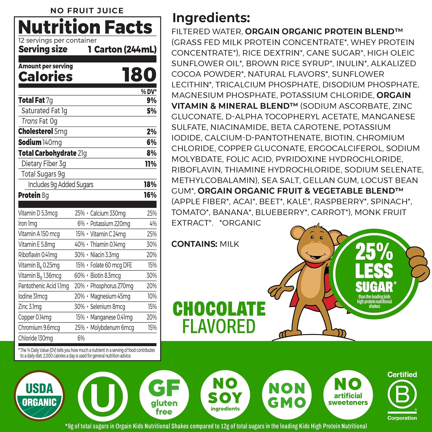 Orgain Organic Kids Dairy 8g Protein Shake, Chocolate, 8.25 oz, 12pk