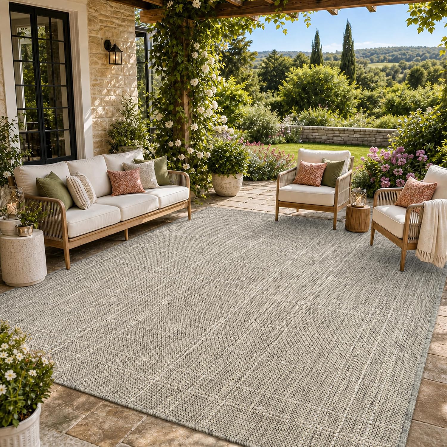 PADOOR-Outdoor Rug-Patio Rug 9x12 ft Polypropylene Indoor Outdoor Rugs Outdoor Carpet for Patio Deck Balcony Porch, Textured Weave, Durable for High Traffic, Fade-Resistant, Farmhouse Neutral Grey