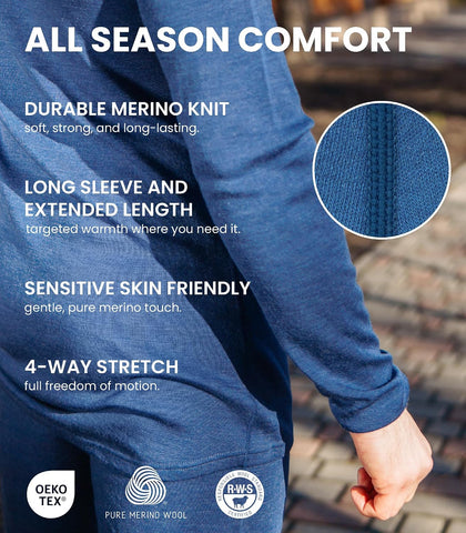 100% Merino Wool Base Layer Mens - Long Sleeve Thermal Shirts with Socks