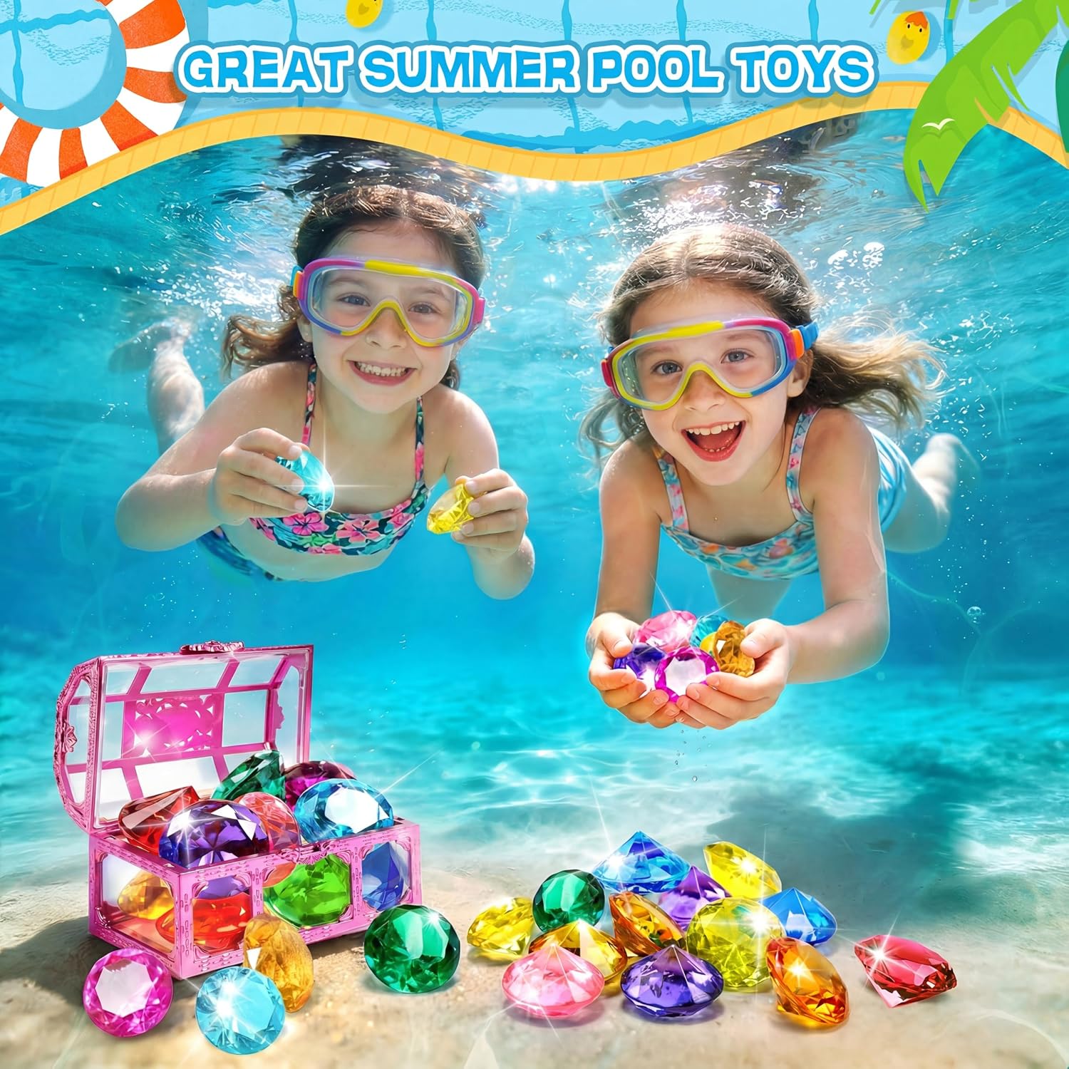 Diving Gems Pool Toys with Purple Treasure Chest Toy for Girls Age 3-10