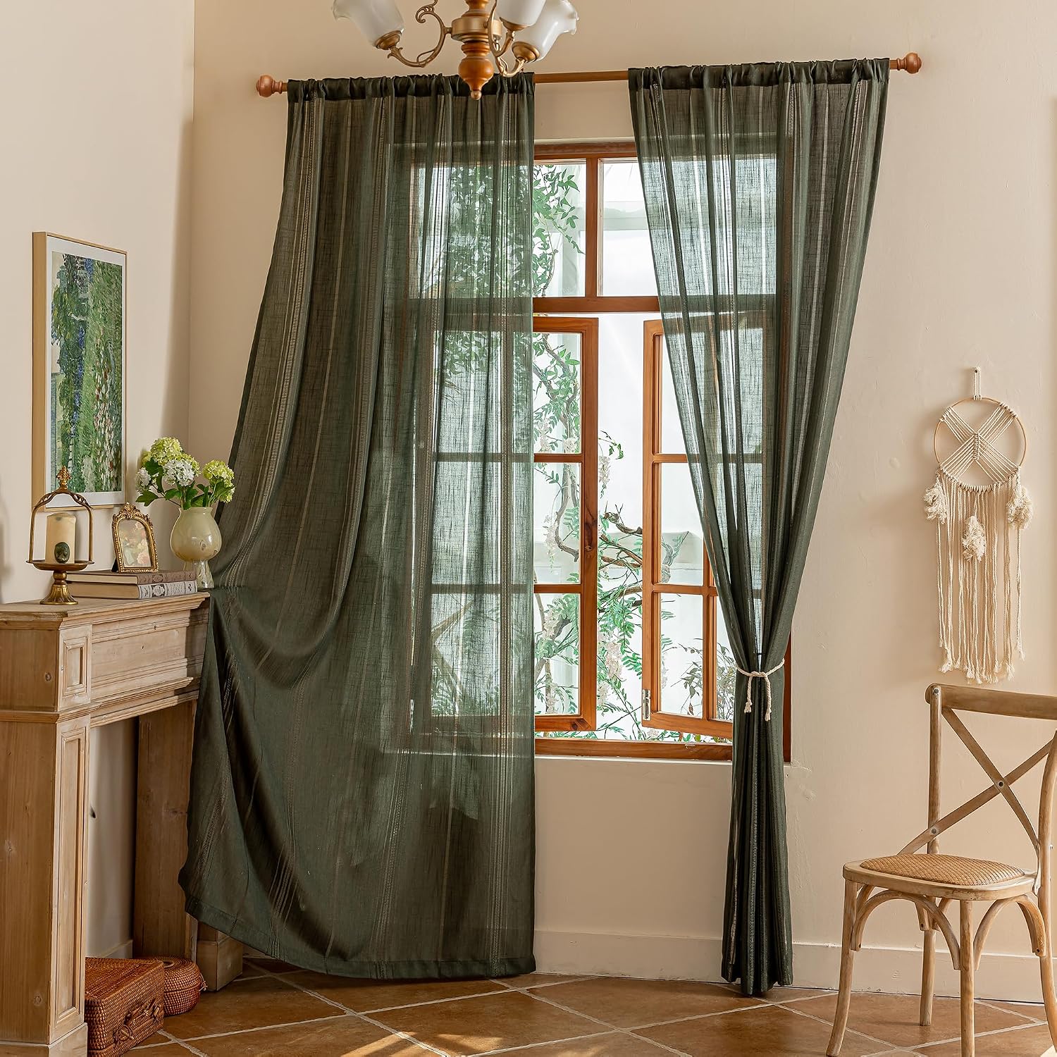 MYSKY HOME Bohemian Living Room Curtains Semi Sheers Long Drapes Light Filtering Privacy Protect Farmhouse Style Hollowed-Out Curtain for Sliding Glass Door, 50" W×90" L, Olive Green, 2 Panels