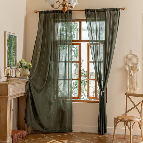 MYSKY HOME Bohemian Living Room Curtains Semi Sheers Long Drapes Light Filtering Privacy Protect Farmhouse Style Hollowed-Out Curtain for Sliding Glass Door, 50" W×90" L, Olive Green, 2 Panels