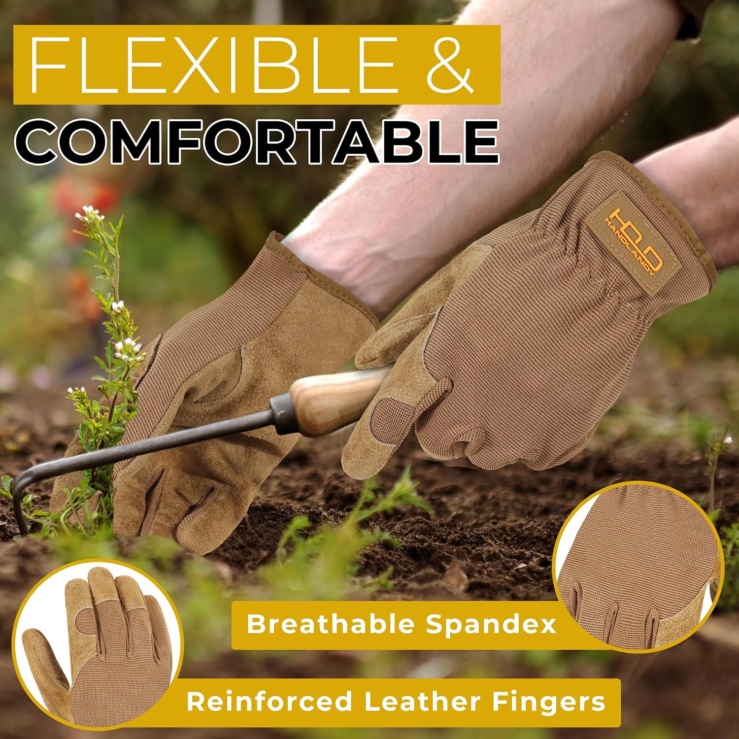 HANDLANDY Leather Gardening Gloves, Leather Work Gloves for Men Women