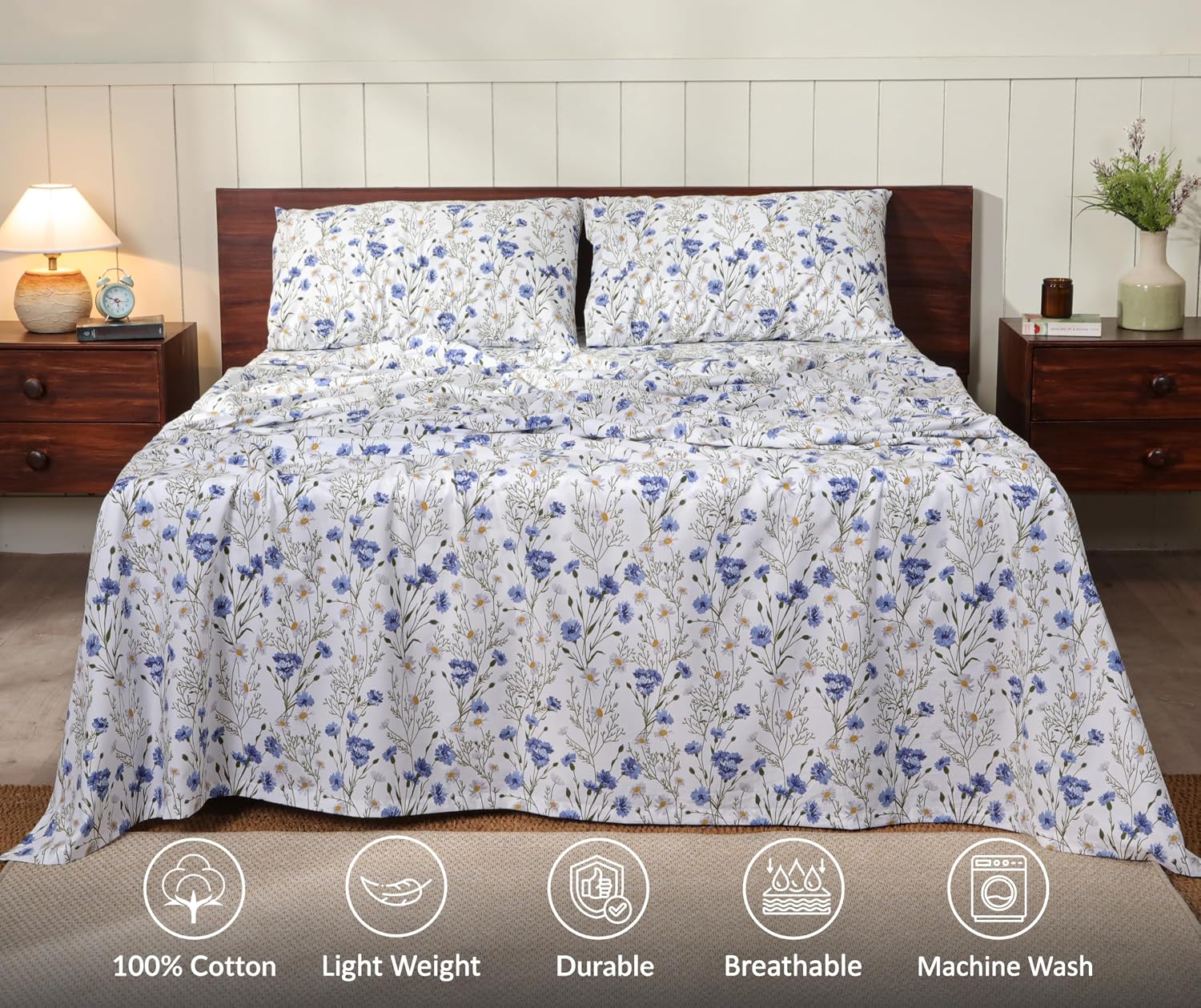 RUVANTI 100% Cotton Queen Sheets, Percale Queen Sheet Set, Sweet Pea