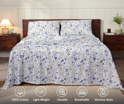 RUVANTI 100% Cotton Queen Sheets, Percale Queen Sheet Set, Sweet Pea
