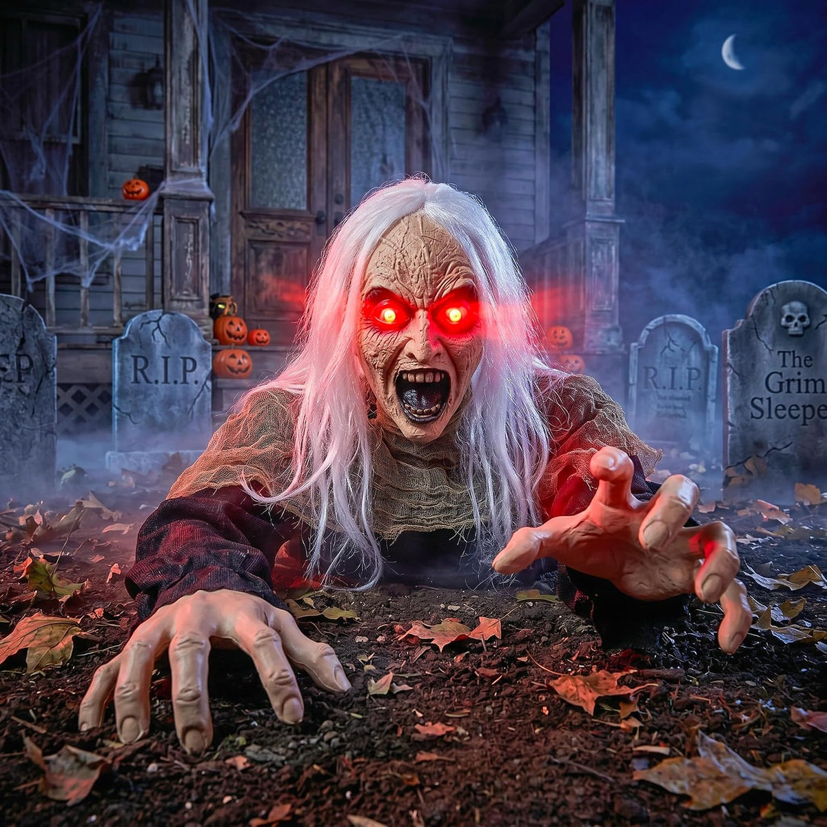 Hourleey Halloween Decorations Outdoor, Sound Activated Climbing Zombie Groundbreaker with Lighted Eyes and Scary Sound, Animated Halloween Decor for Yard Lawn Graveyard Haunted House Prop