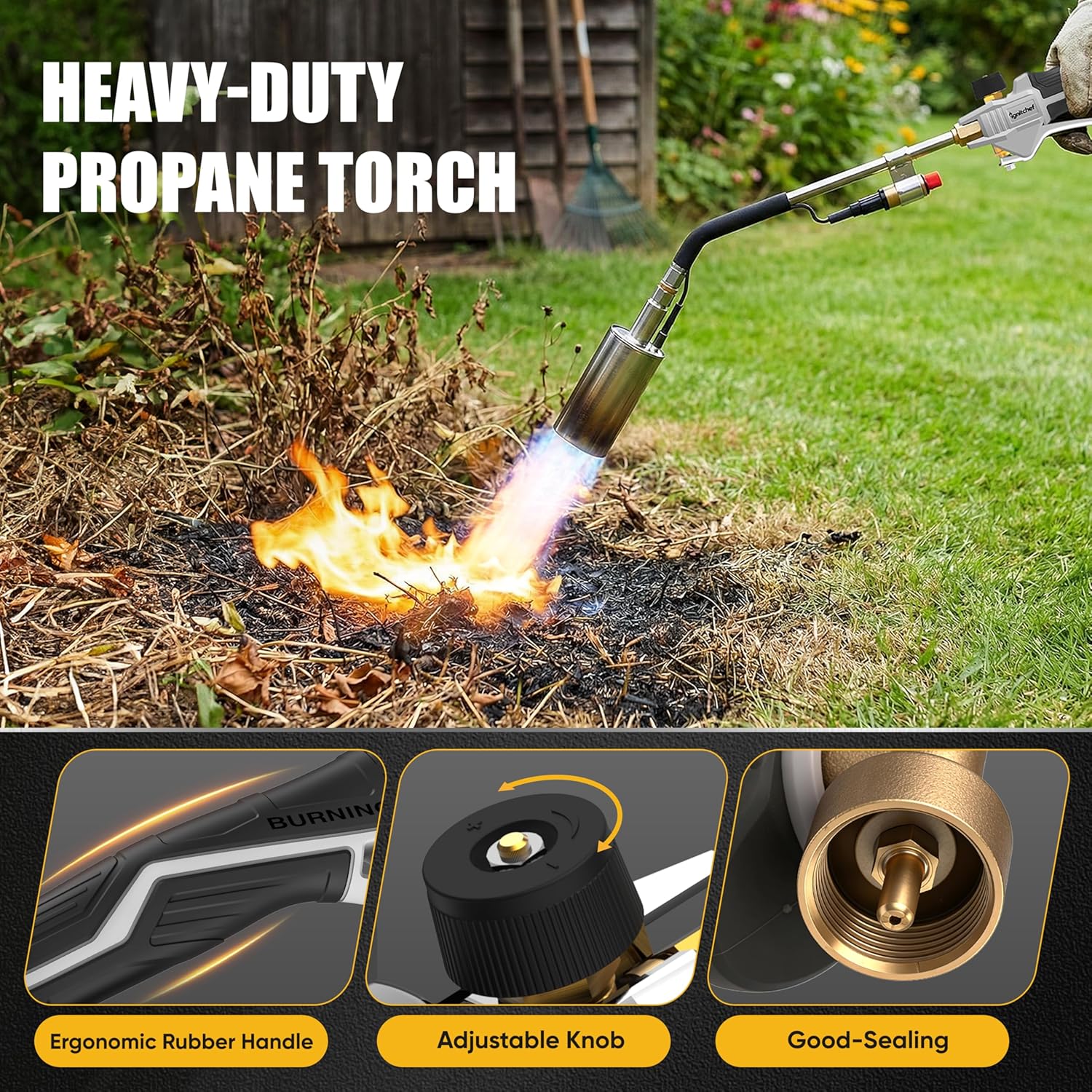 CSA Certified Propane Torch Weed Burner With 12.5-ft Hose Kit, High Output 340,000 BTU Weed Torch with Self Igniter and Turbo Trigger, Long/Short Mode, Dual Fuel Support for Garden, Ice, BBQ