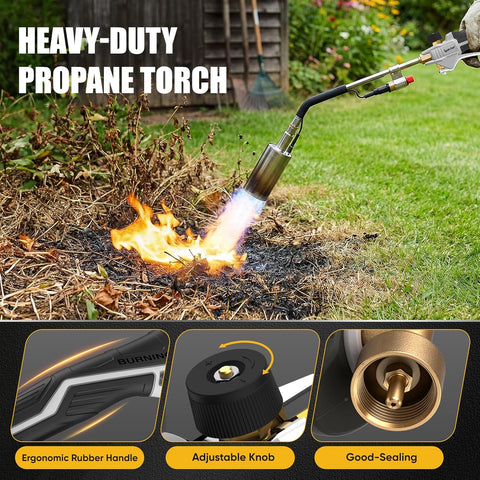 CSA Certified Propane Torch Weed Burner With 12.5-ft Hose Kit, High Output 340,000 BTU Weed Torch with Self Igniter and Turbo Trigger, Long/Short Mode, Dual Fuel Support for Garden, Ice, BBQ
