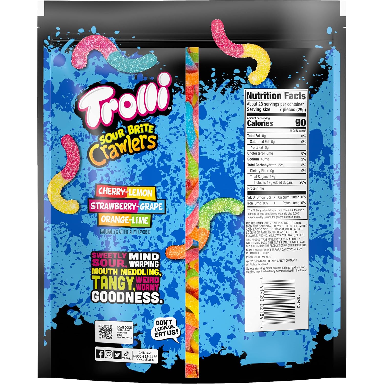 Trolli Sour Brite Crawlers Candy, Sweet & Sour Gummy Worms, 28.8 oz