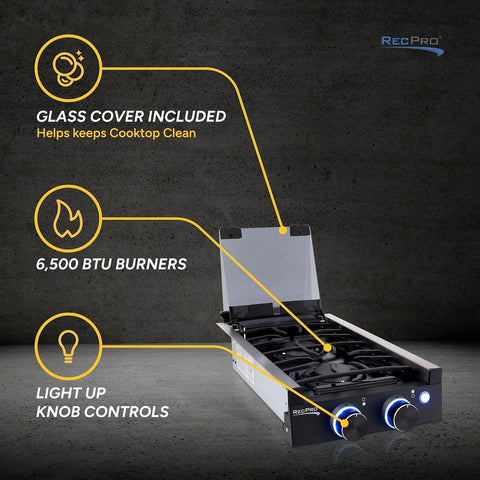 RecPro RV Black 2 Burner Cooktop Stove 6,500 & 8,000 BTU Burners