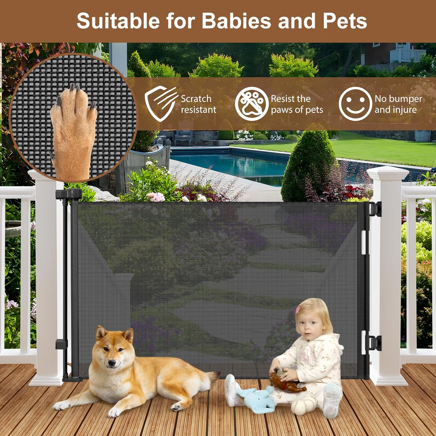 Weatherproof Outdoor Retractable Gate for Dogs, 55" Wide Outdoor Baby Gate