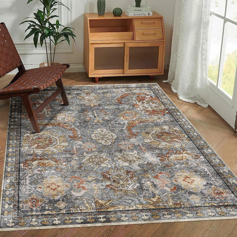 RUGSURE Washable Area Rugs - Perfect for Living Room, Bedroom, Kids Room, Nursery - Stain & Water Resistant Non-Slip, Pet & Child Friendly, Vintage Tribal Area Rugs (Turmeric and Grey, 5' x 7')