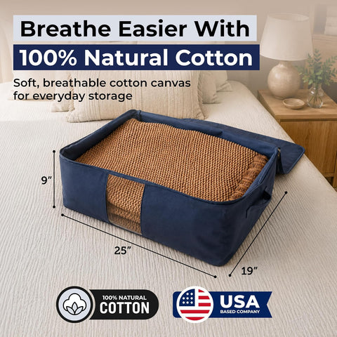 Soft Canvas Storage Bags with Zipper. Thick Breathable, 2pc King/Queen Comforter Organizer. Four Carrying Handles and Window. Large 25x19x9in Bag for Sheets Blankets Bedding Pillows, Clothes (Blue)