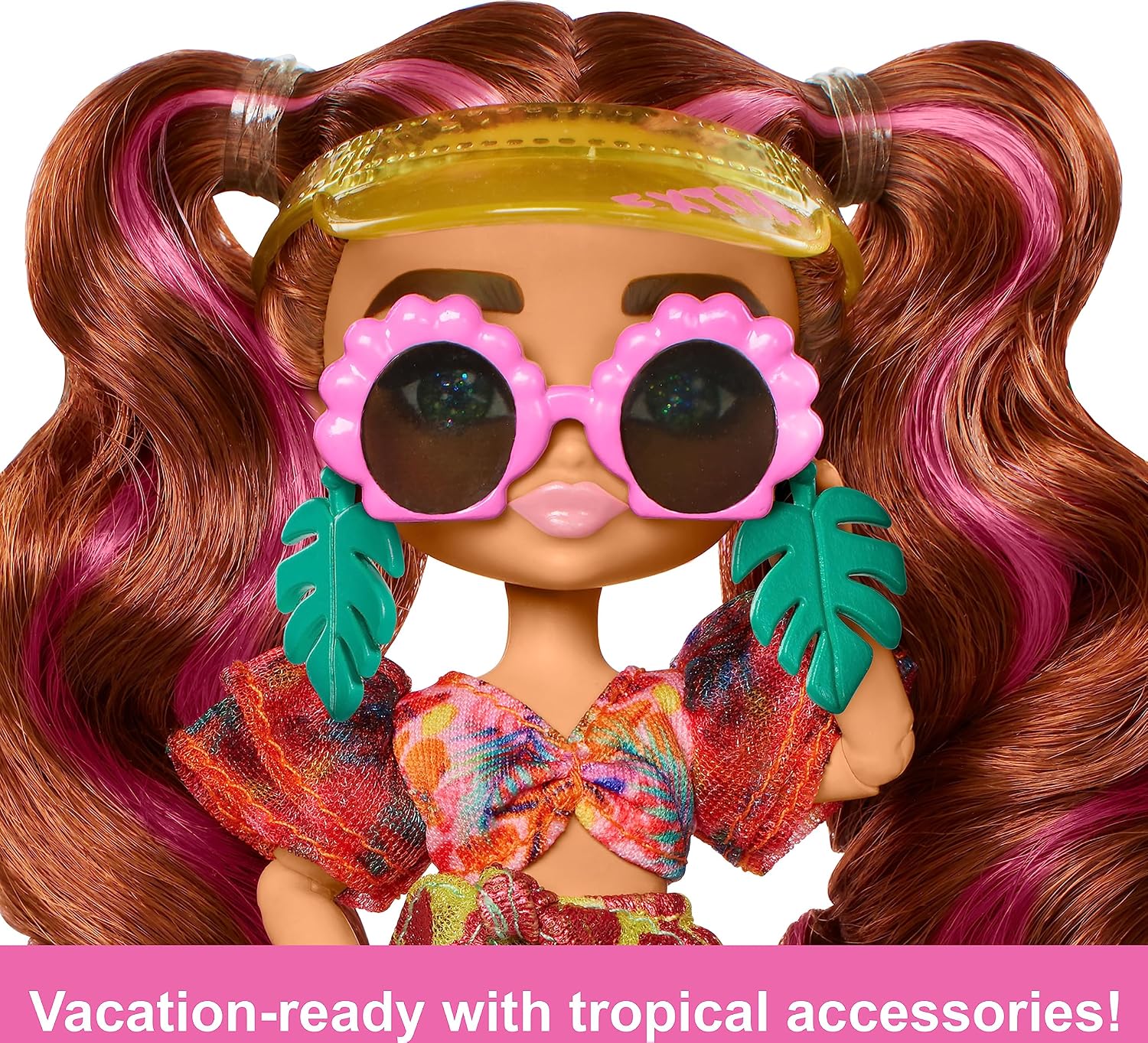 Barbie Extra Fly Minis Travel Doll, Beach Look with Pink-Streaked Pigtails in Swimsuit, Sarong & Accessories