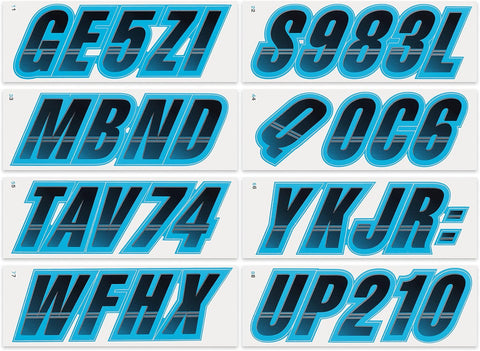 STIFFIE Techtron Black/Sky Blue 3" Boat & PWC Registration Decals • Numbers Letters Stickers