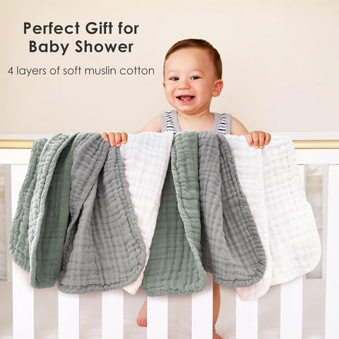 Sunny zzzZZ Muslin Burp Cloths for Baby 100% Cotton Burping Cloths for Unisex, Boy, Girl - Large 20'' by 10'' Newborn Essentials Ultra Soft Absorbent Milk Spit Up Rags - 12 Pack - White+Green+Grey