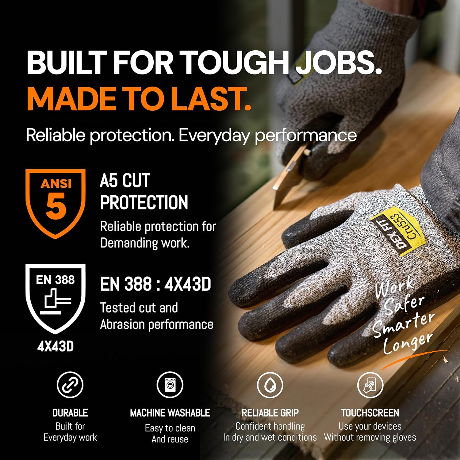 DEX FIT Level 5 Cut Resistant Gloves Cru553, 3D-Comfort Fit, Firm Grip, Thin & Lightweight, Touch-Screen Compatible, Durable, Breathable & Cool, Machine Washable; Grey L (9) 1 Pair