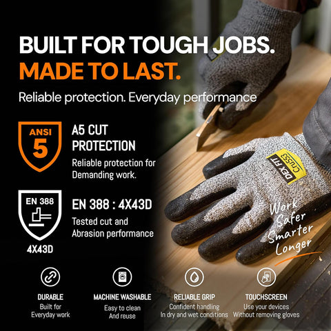 DEX FIT Level 5 Cut Resistant Gloves Cru553, 3D-Comfort Fit, Firm Grip, Thin & Lightweight, Touch-Screen Compatible, Durable, Breathable & Cool, Machine Washable; Grey L (9) 1 Pair