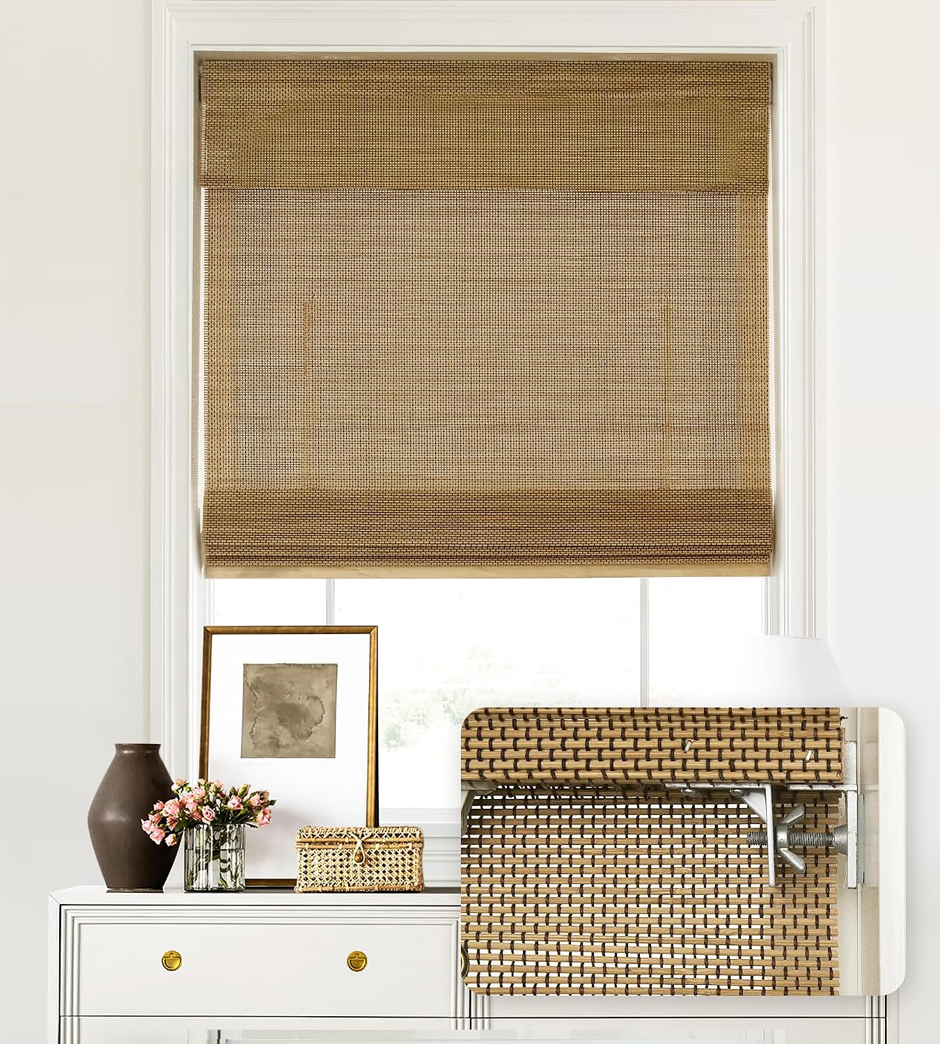 LazBlinds No Drill Cordless Bamboo Roman Shades, 24" W × 64" H, Acorn