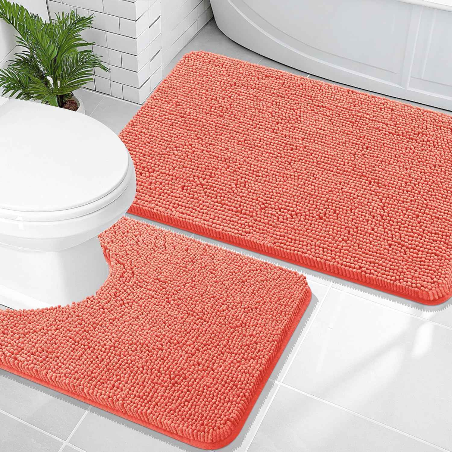 OLANLY Chenille Bathroom Rugs Mats Sets 2 Piece, 36"x24"+24"x20", Coral