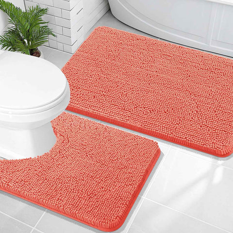 OLANLY Chenille Bathroom Rugs Mats Sets 2 Piece, 36"x24"+24"x20", Coral