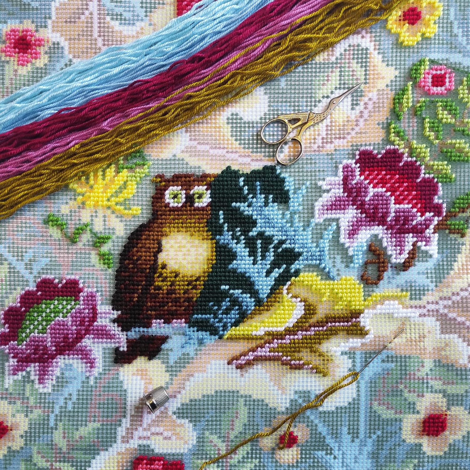 Brvsk Tapestry Needlepoint Kit for Adults and Beginners — Owl by John Henry Dearle 16″ × 16″ with Clear, Precise Printed Design on Cotton Canvas; Includes 2 Needles, Yarn, and Easy-Read Chart
